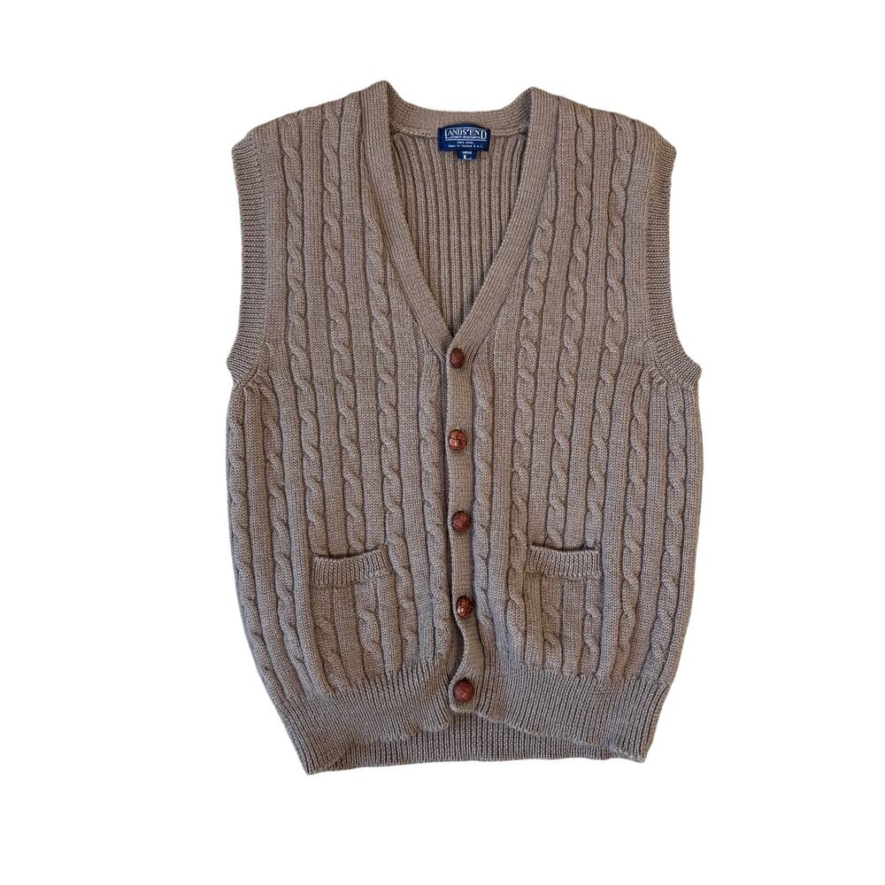 Lands End Drifter Modern Cable V Neck Wool Sweater Vest US Women's L